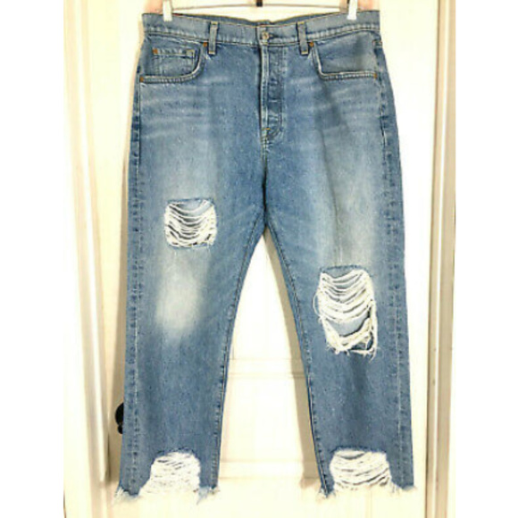 7 For All Mankind Denim - 7FAMK Raw Hem Distressed Denim Boyfriend Jeans 32